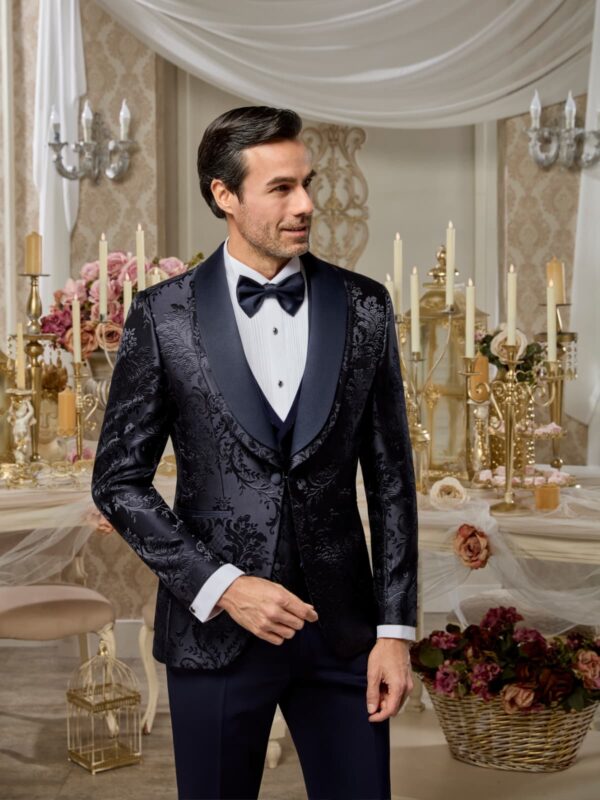 SMOKING PRESTIGE BLEU NUIT AVEC DES MOTIFS COL SATINÉ