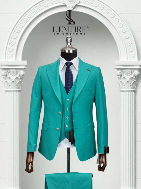 COSTUME 3 PIÈCES BLEU TURQUOISE BOUTON DORÉ